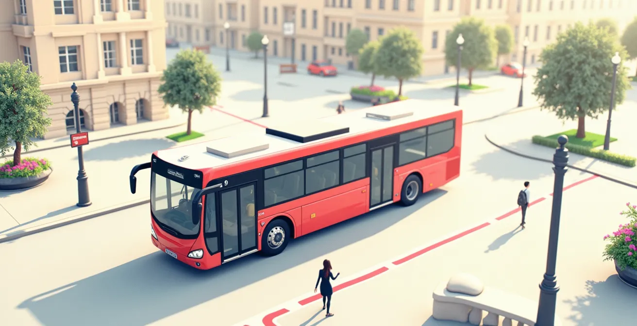 Vue aérienne schématisée d'une ligne de bus traversant Paris, avec des points de repère monumentaux marqués le long du trajet, montrant comment les arrêts sont positionnés au plus proche des attractions