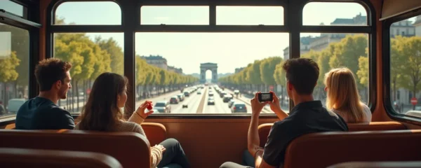 Vue panoramique d'un bus touristique à impériale parcourant les rues de Paris, avec la Tour Eiffel en arrière-plan, montrant un touriste à bord admirant le paysage urbain depuis la perspective élevée du pont supérieur du bus