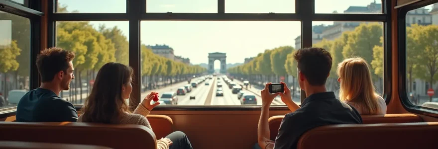 Vue panoramique d'un bus touristique à impériale parcourant les rues de Paris, avec la Tour Eiffel en arrière-plan, montrant un touriste à bord admirant le paysage urbain depuis la perspective élevée du pont supérieur du bus