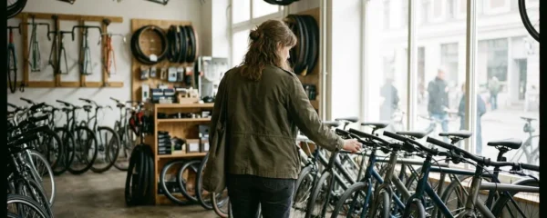 Une femme vue de dos observe plusieurs vélos alignés dans une boutique lumineuse, vitrine donnant sur une rue parisienne