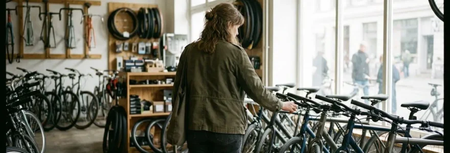 Une femme vue de dos observe plusieurs vélos alignés dans une boutique lumineuse, vitrine donnant sur une rue parisienne