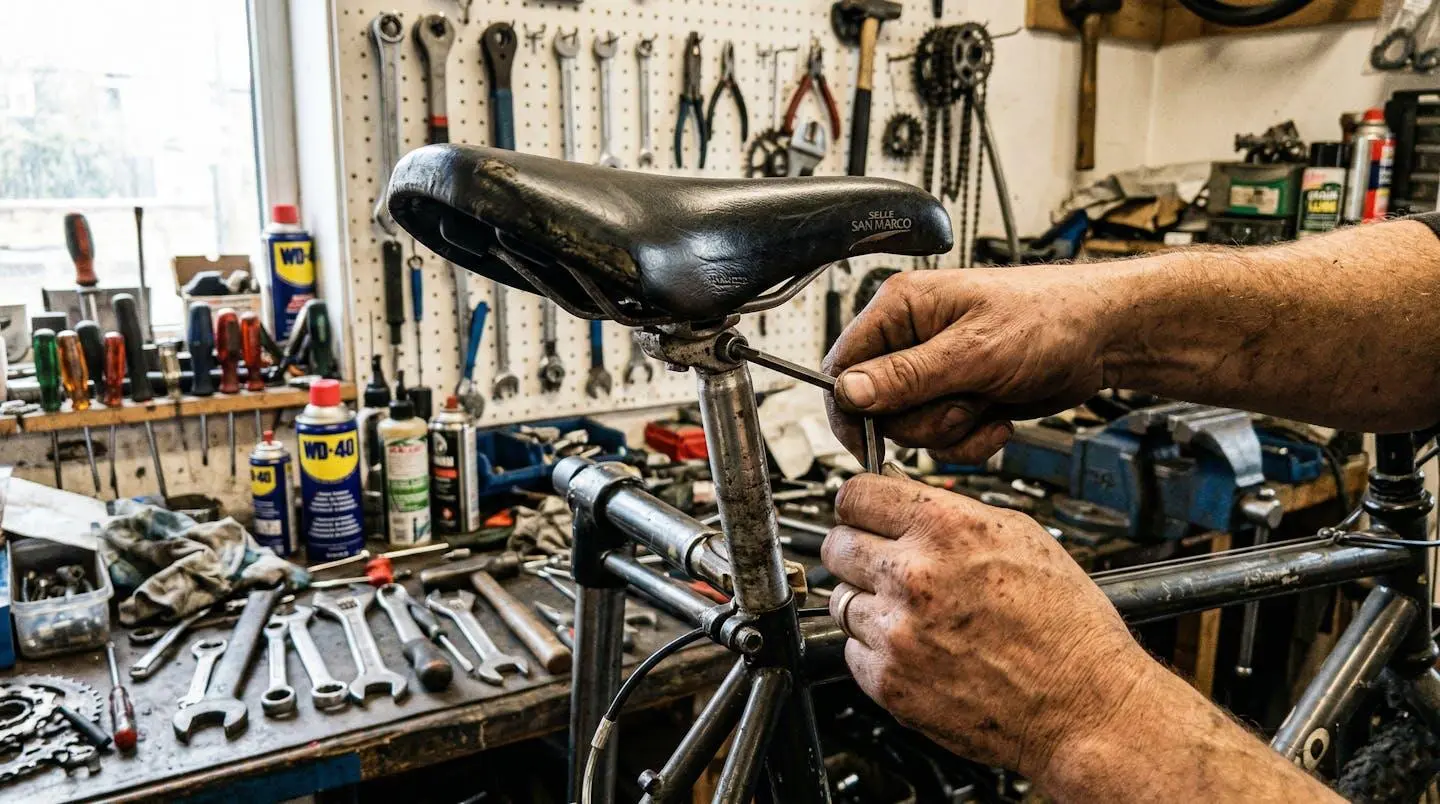 Les mains d'un conseiller ajustent la hauteur de selle d'un vélo hollandais beige dans un atelier