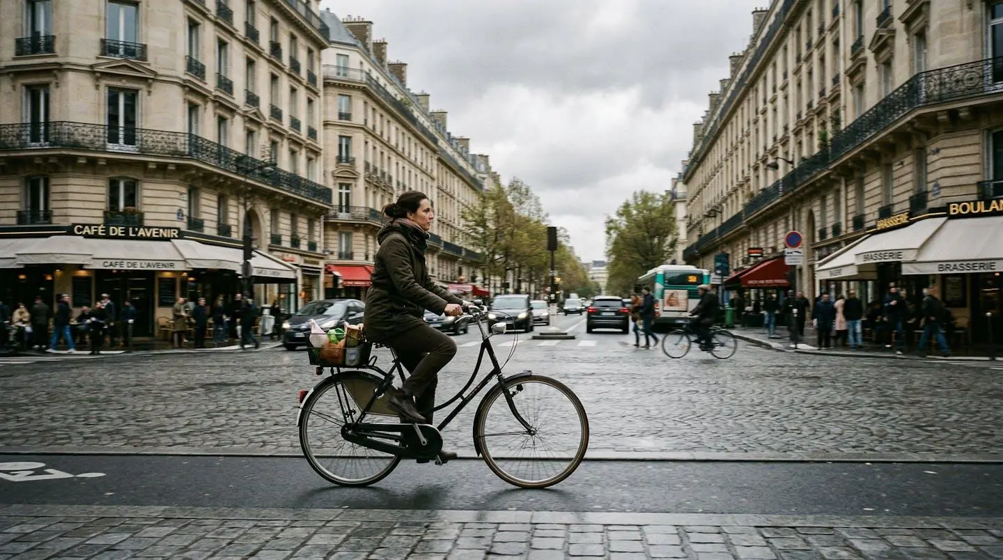 Un cycliste de profil pédale sur un vélo de ville hollandais dans une rue parisienne typique avec immeubles haussmanniens