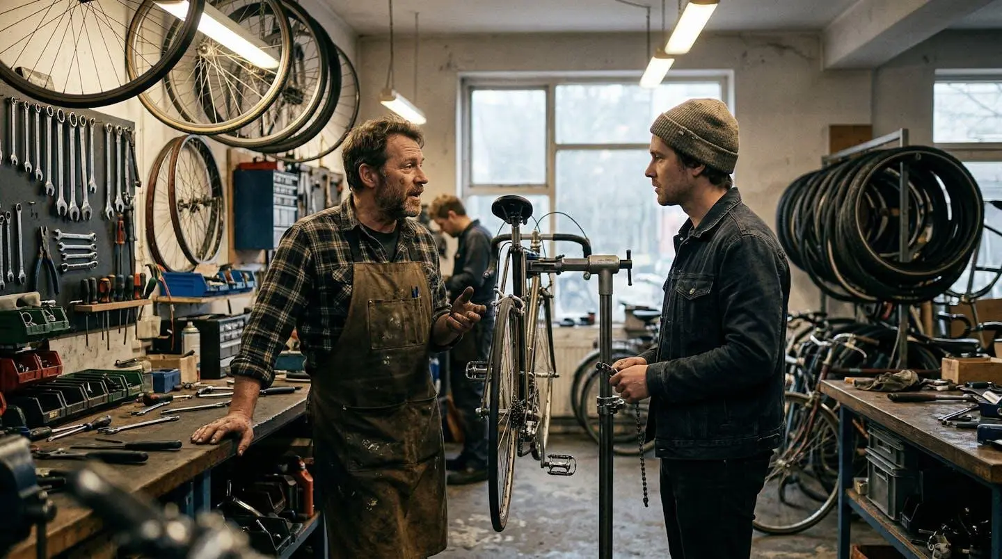 Un client et un vendeur discutent dans un atelier vélo, outils et roues visibles en arrière-plan